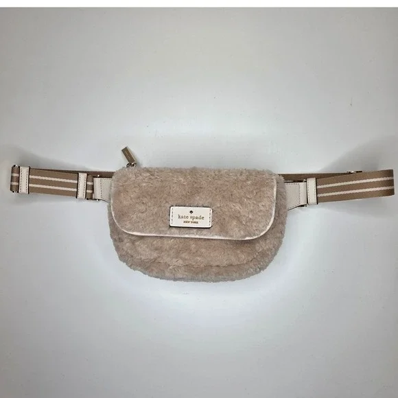 Kate Spade New York Faux Shearling Belt Bag White Leather Tan Stripe K4447 - Picture 2 of 5